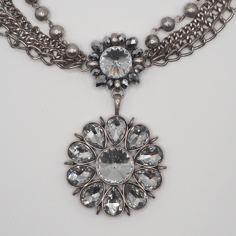 Multi Strand Chain Necklace Flower Rhinestone Pendant Large Matte Silver Tone